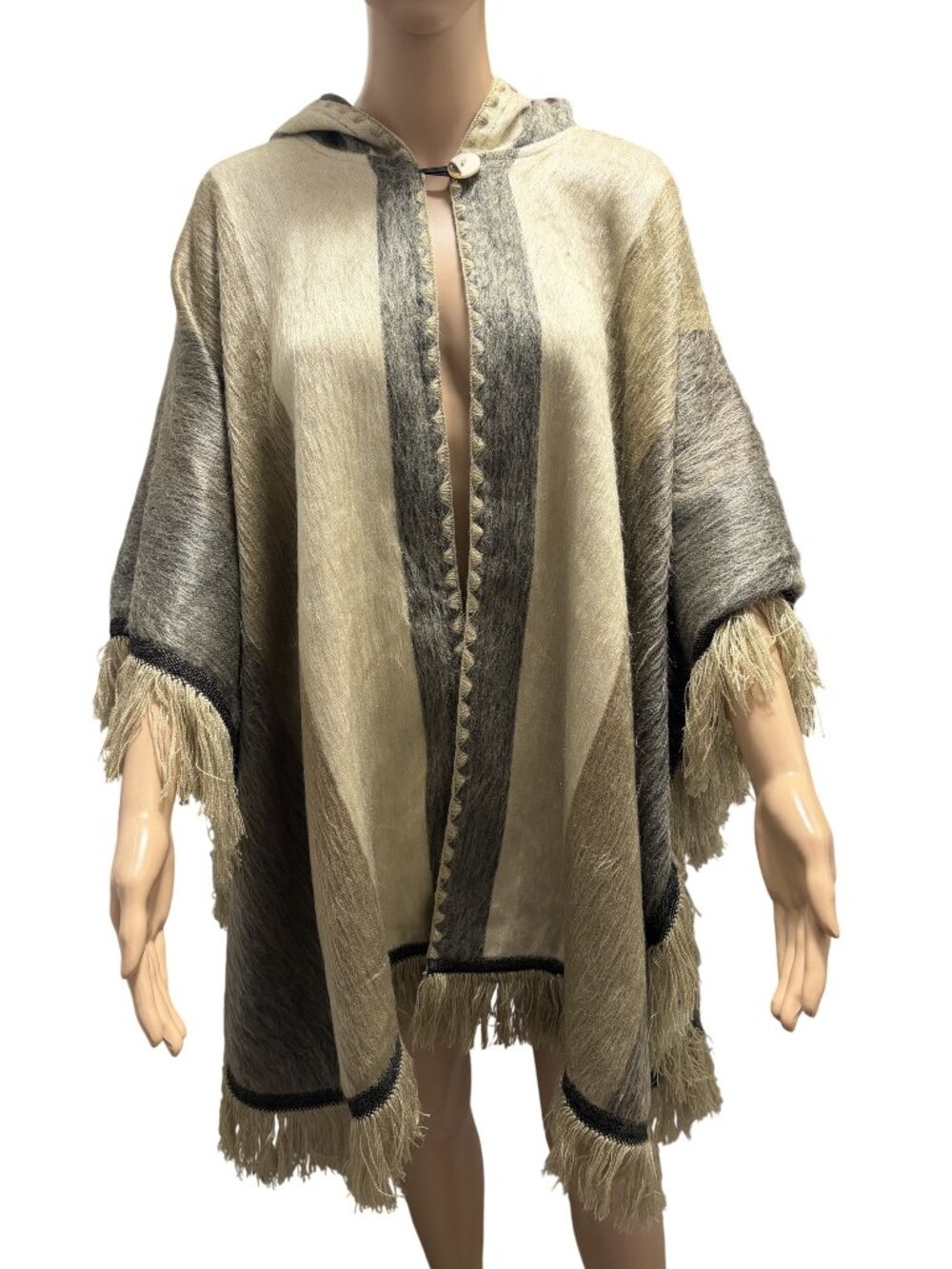 Alpaca Wool Blend Open Poncho with Hoodie One Size
